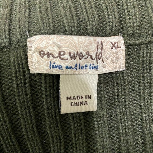 One World Sweater Jacket XL Full Zip Ribbed Knit Printed Green Long Sleeve - Picture 10 of 12